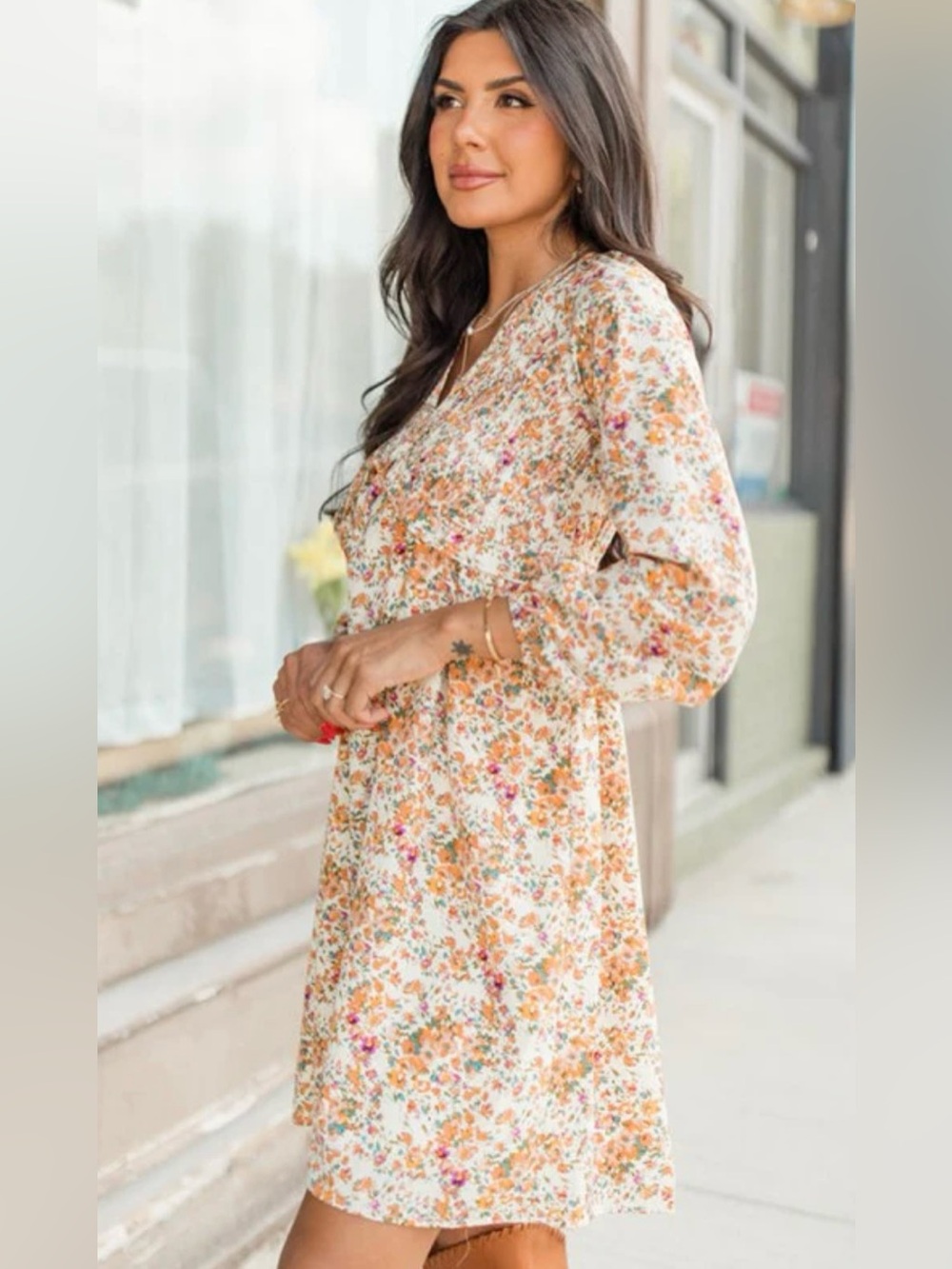 Pink Lily Floral Long Sleeve V-Neck Dress